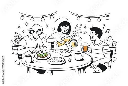 Cozy Patio Breakfast Party. Friends seated at a round outdoor table, one friend slicing avocado toast while