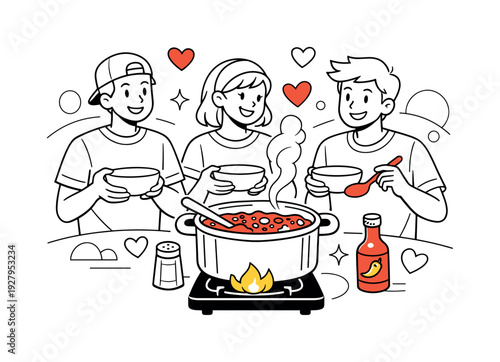 Casual social gathering. Friends waiting nearby with bowls while chili cooks in large pot, subtle smiles and