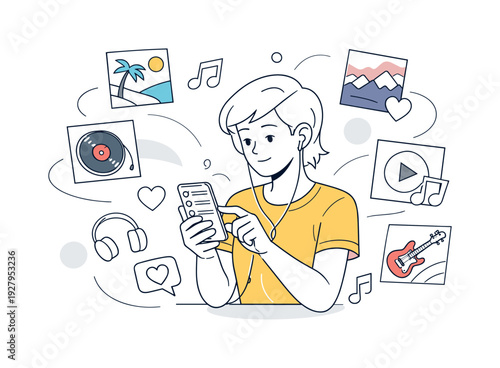 Streaming and playlists. Person curating playlist on mobile app, album covers and music symbols drifting