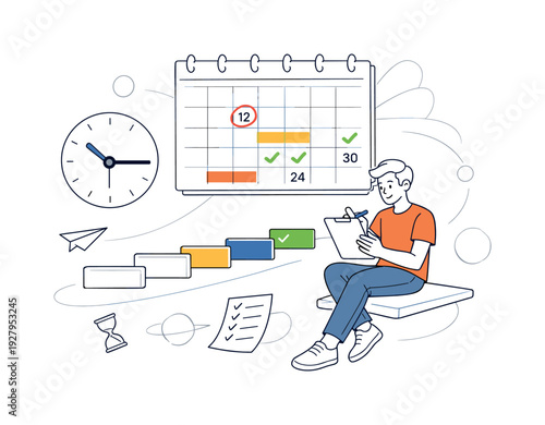 Deadline Tracking. Calendar with highlighted dates floating in space, person checking tasks calmly as time