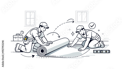 Carpet Installation Scene. Installing carpet in a room. Professionals unrolling a carpet across the floor,