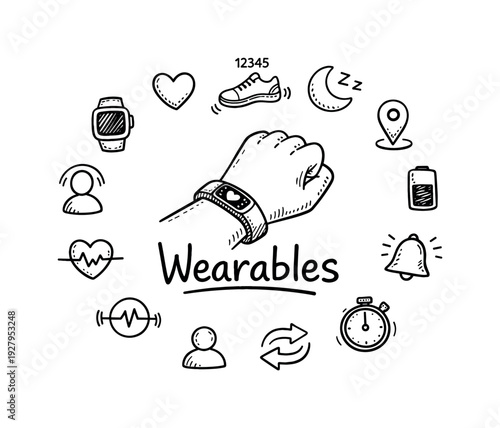Wearable fitness devices. Hand-drawn doodle illustration of wearable fitness devices. In the middle, one