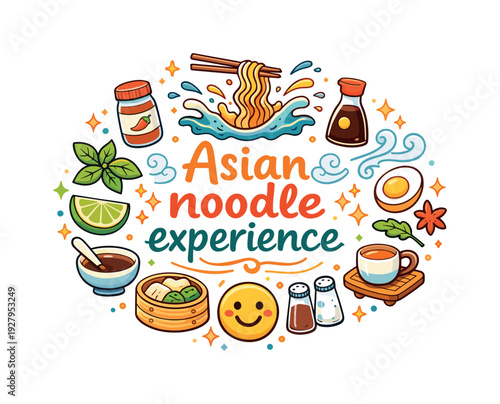 Asian noodle experience. Hand drawn illustration of Asian noodle experience. ramen style bowl, chopsticks lift