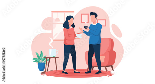 A young couple stands together in their cozy living room, holding steaming mugs of coffee and having a pleasant conversation.