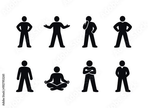 Confident body language. Filled icon set of Confident body language: upright posture, open stance, eye contact