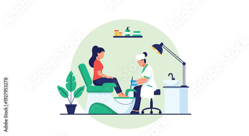 A professional podiatrist provides a pedicure treatment to a female client who is sitting in a specialized chair in a salon.