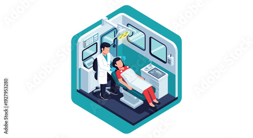 An isometric illustration shows a male dentist examining a female patient reclining in a modern chair inside a dental office.
