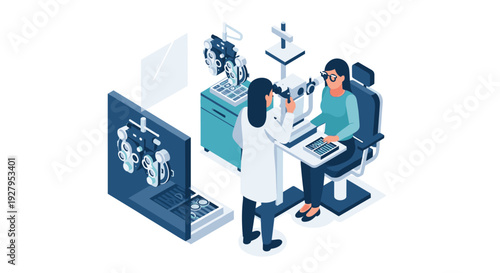 An isometric illustration shows a female ophthalmologist in a white coat conducting an eye exam on a patient using a phoropter and other optometry equipment in a clinic setting.