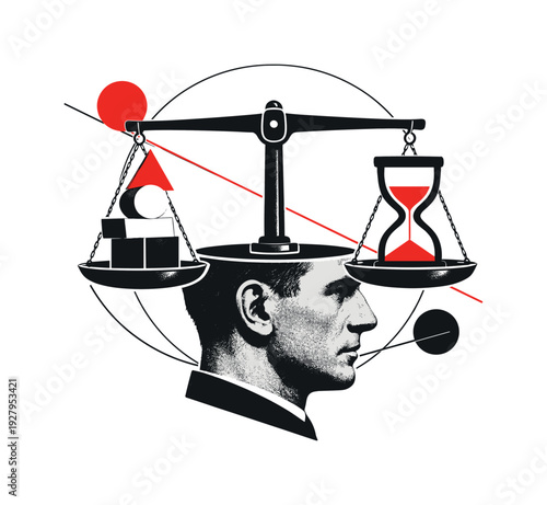 A conceptual graphic metaphor collage with a black-and-white vintage human head transformed into a balance