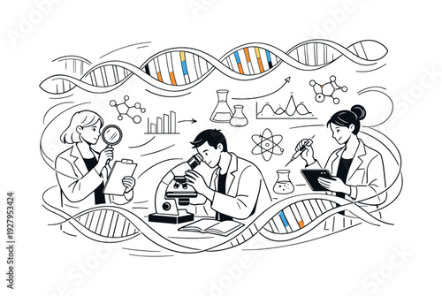 Genetic Discovery Scene. lines, continuousGenetic studies. Scientists examining DNA strands floating in the