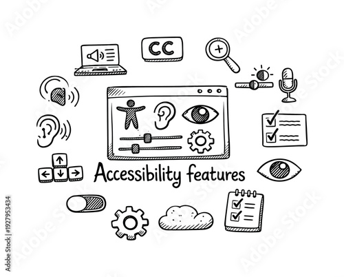 Accessibility features. Hand-drawn doodle illustration of Accessibility features. In the