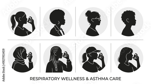 Inhaler Usage Silhouette Vector Set – Diverse Female Profiles Depicting Asthma Care and Respiratory Wellness for Medical Graphics, Health Awareness Posters, and Educational Design Projects