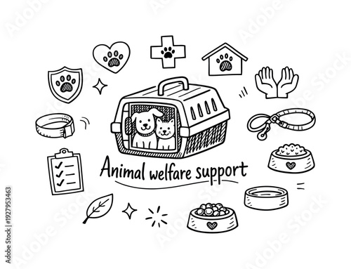 Animal welfare support. Hand-drawn doodle illustration of Animal welfare support. In the middle, one slightly