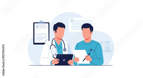 A male doctor wearing a white coat and stethoscope discusses results on a tablet with a male patient holding a clipboard in a clinic office.