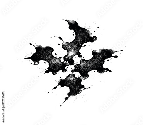 A fragmented abstract ink shape broken into several connected blot forms, metaphorical and expressive,