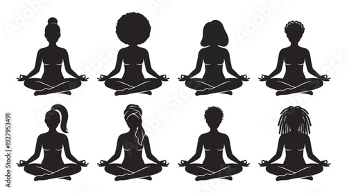Female Yoga Silhouette Vector Set – Diverse Hairstyles and Seated Meditation Poses for Wellness Graphics, Mindfulness Posters, and Holistic Lifestyle Design Projects