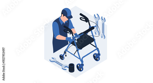 An isometric illustration depicts a male technician in a blue uniform and cap repairing a four-wheeled rollator walker with various tools inside a hexagonal frame.