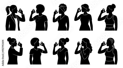 Inhaler Usage Silhouette Vector Set – Diverse Female Profiles Depicting Asthma Care and Respiratory Wellness for Medical Graphics, Health Awareness Posters, and Educational Design Projects