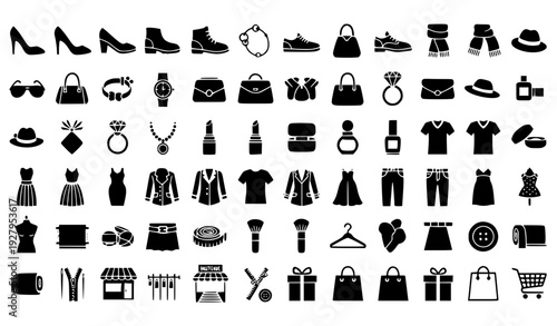Fashion and Shopping Solid Icon Set Featuring Clothing, Shoes, Accessories, Jewelry, Cosmetics, Handbags, and Retail Elements for Ecommerce and UI Design