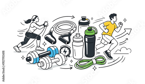 Sporting goods and fitness accessories. Collection of dumbbells, resistance bands, and water bottles arranged