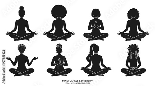 Female Yoga Silhouette Vector Set – Diverse Hairstyles and Seated Meditation Poses for Wellness Graphics, Mindfulness Posters, and Holistic Lifestyle Design Projects