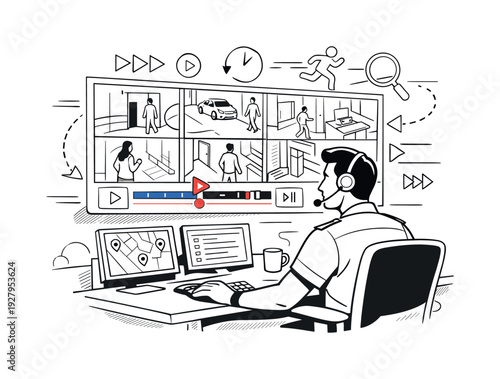 Security monitoring room. Operator watching surveillance footage on a wide screen wall,
