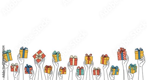 Cheerful illustration of multiple hands raised high while holding colorful wrapped gift boxes against a white background.