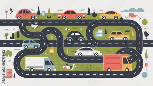 Colorful illustration of a winding road with various vehicles on a gray background