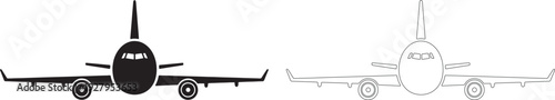 Black silhouette and outline of a jet airplane front view