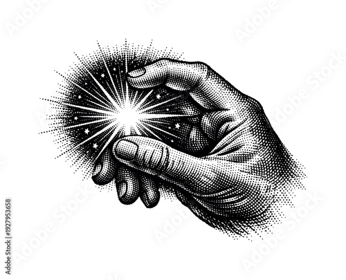 Antique-looking hand shown from the side, fingers gently curled around a radiant point of light, mystical and