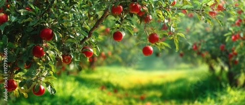The Apple Orchard with Ripe Red Apples in a Sunlit Green Meadow