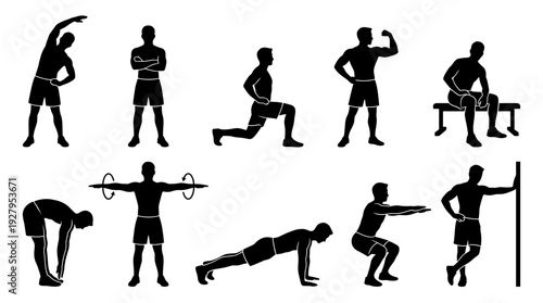 Male Exercise Silhouette Vector Set – Dynamic Fitness Poses Featuring Stretching, Running, Meditating, and Flexing for Workout Graphics and Health Design Projects