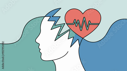 Mental health concept with a person's head split open to reveal a heart with an ecg line symbolizing emotional struggle and psychological distress