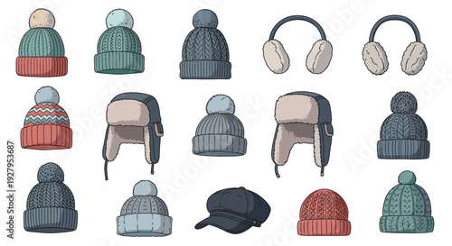 Comprehensive collection of winter hats, beanies, and earmuffs in various styles and colors for cold weather gear.