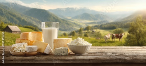 The Cheese and Milk Display on a Rustic Table Overlooking Alpine Pasture and Cows