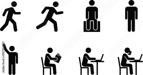 Comprehensive Human Action Pictogram Set with Black and White Vector Symbols of Walking Running Sitting Standing Waving Reading and Working at Desk for Infographic and Signage Concept