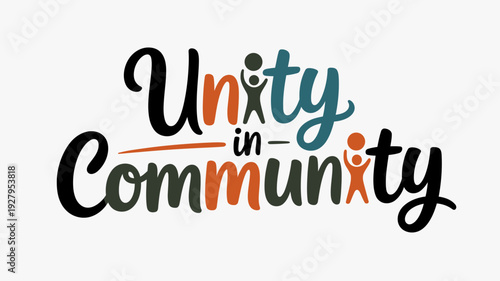 Unity in community typographic logo with stick figures on light gray background