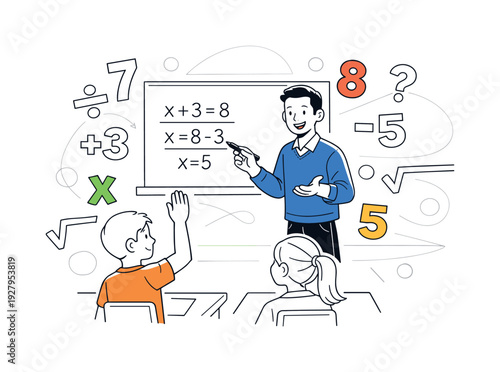 Mathematical Clarity Illustrated. Math instruction. Teacher explaining equations on board, numbers and symbols