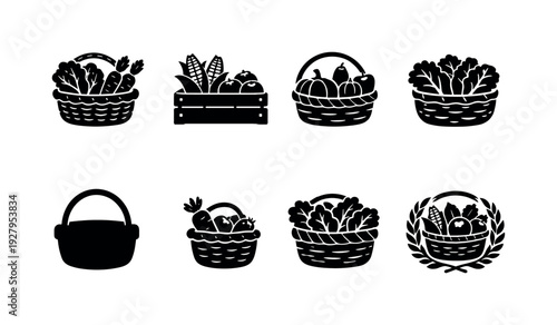 Farm harvest basket line art set. Filled icon set of Farm harvest basket line art set: wicker basket with