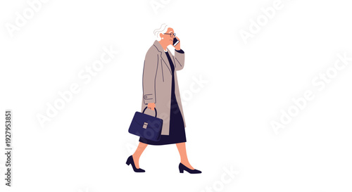 Professional elderly woman in a coat walking while carrying a briefcase and talking on a cell phone during her commute.