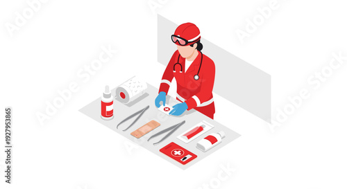 An isometric illustration of a female paramedic in a red uniform organizing first aid supplies like bandages and tweezers on a table against a white background.