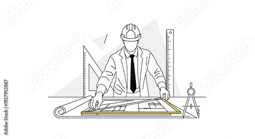 A line art illustration of an architect wearing a hard hat and suit working on a blueprint at a drafting table with various drawing tools like rulers and a compass.