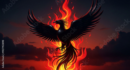 Majestic phoenix rising from fiery flames at sunset