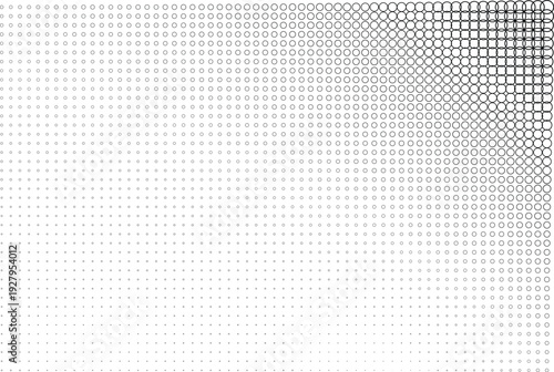 A black and white abstract pattern with a gradient effect from dense to sparse dots and lines isolated on transparent background, Vector, illustration
