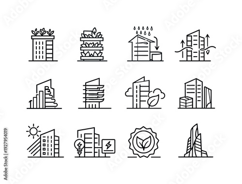 Sustainable high-rise buildings. Line outline icon set of Sustainable high-rise buildings: green roof tower,