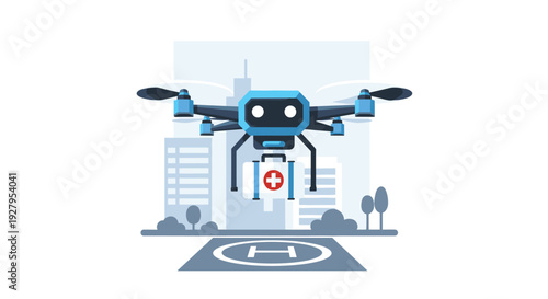 A futuristic medical delivery drone carrying a first aid kit prepares to land on a helipad in a modern city environment.