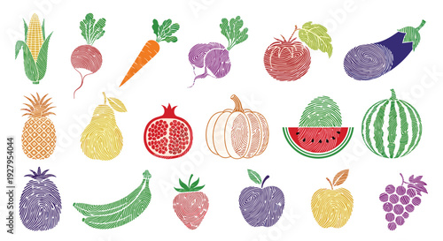 Creative set of fruit and vegetable illustrations uniquely created using colorful fingerprint patterns on a white background.