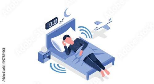 An isometric illustration depicts a person trying to sleep in bed while being disturbed by noise from an airplane.