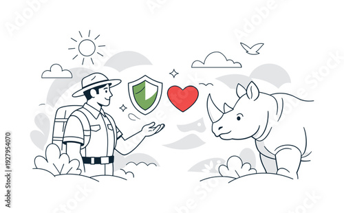 Wildlife conservation. Ranger and endangered animal facing each other, shield and heart icons hovering between