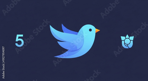 Vibrant blue bird in flight with logo and number five